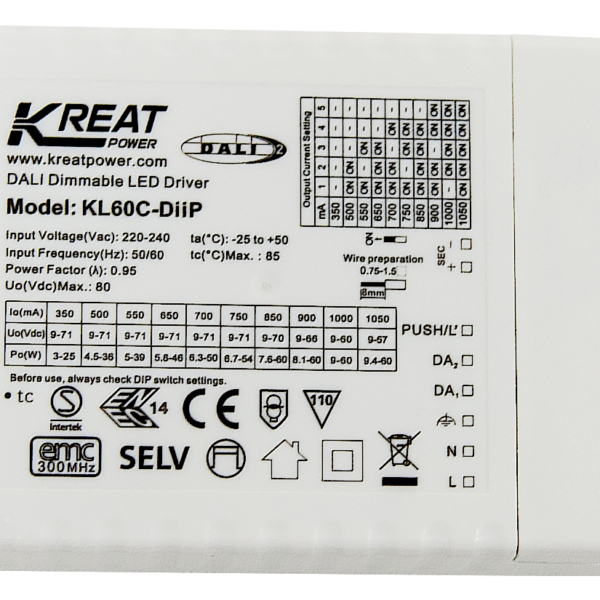 Kreat Power / Merrytek 60W 350-1050MA Constant Current Dali Dimmable LED Driver